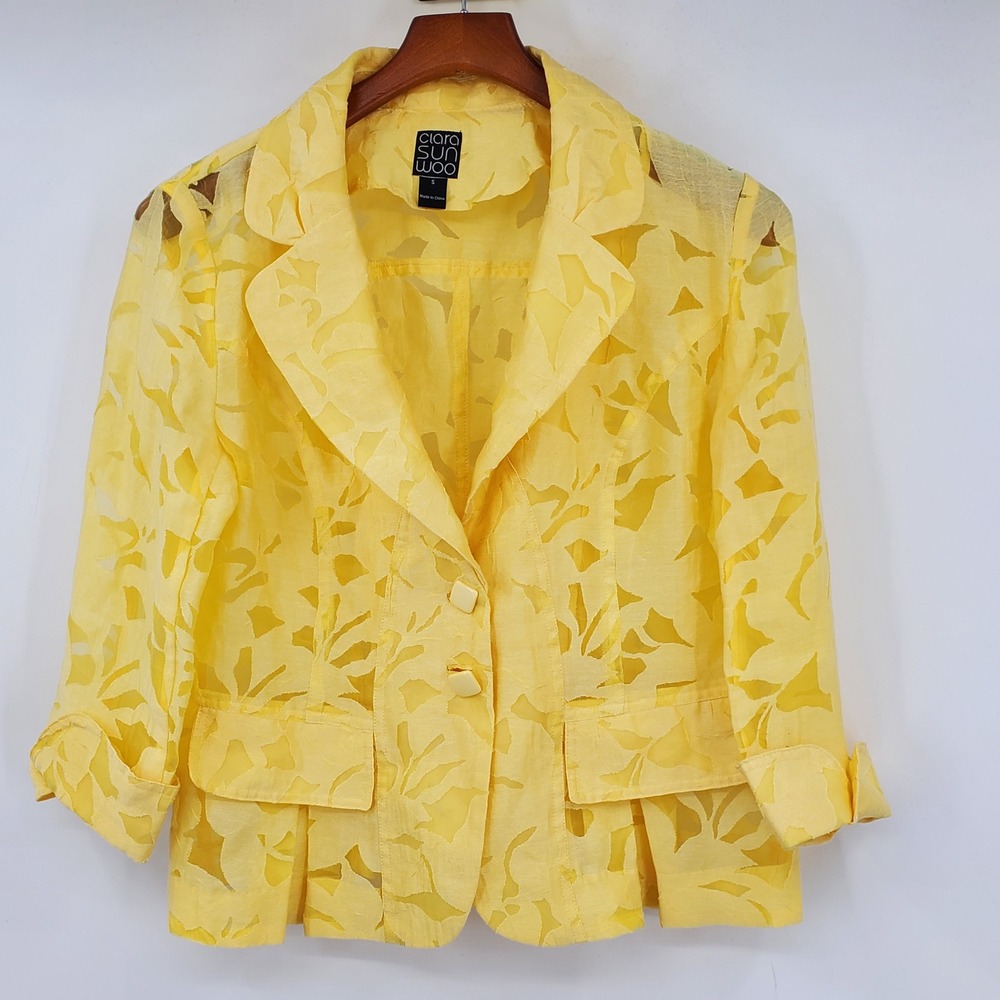 Clara Sunwoo Yellow Floral Burnout Sheer Blazer 3/4 Sleeve Small Artsy Sprin